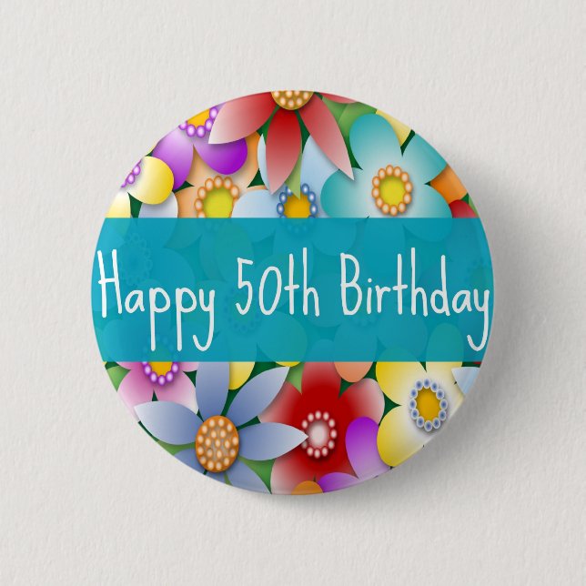 flower50th 6 cm round badge (Front)