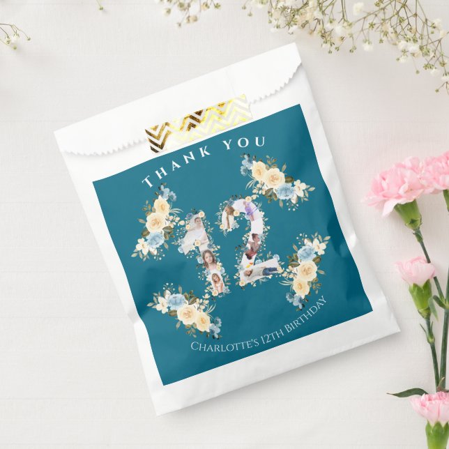 Flower 12th Birthday Teal Photo Collage Yellow Favour Bags (Sealed)