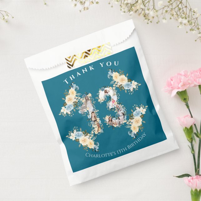 Flower 13th Birthday Teal Photo Collage Yellow Favour Bags (Sealed)