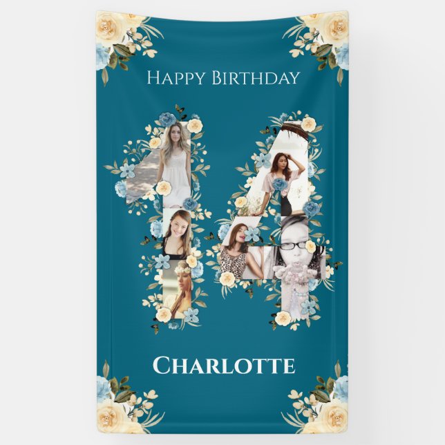 Flower 14th Birthday Teal Photo Collage Yellow Banner (Vertical)