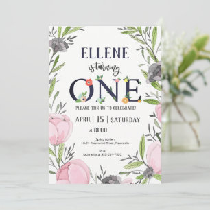 Flower 1st Birthday Invitation, Girl 1st Birthday Invitation