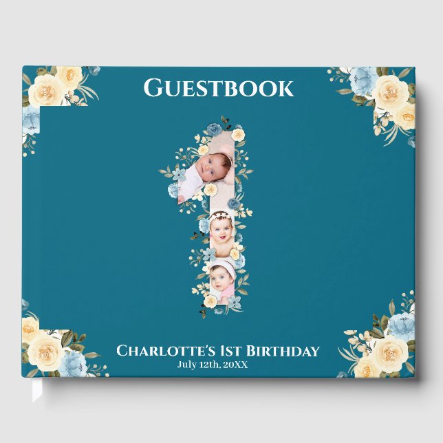 Flower 1st Birthday Teal Photo Collage Blue Yellow Guest Book (Front)