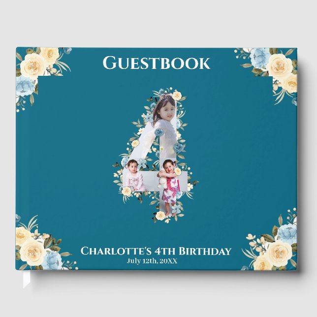 Flower 4th Birthday Teal Photo Collage Blue Yellow Guest Book (Front)