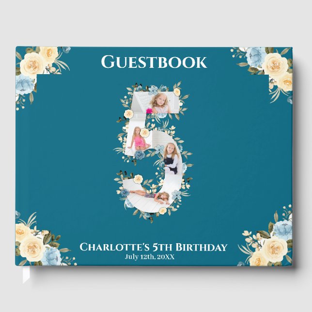 Flower 5th Birthday Teal Photo Collage Blue Yellow Guest Book (Front)