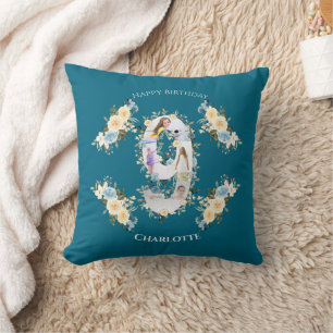 Flower 9th Birthday Teal Photo Collage Blue Yellow Cushion