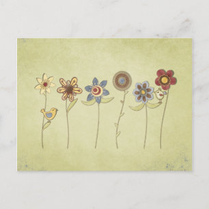 flower and bird drawings cute postcard