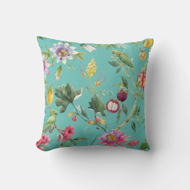 Flower And Birds Colourful Throw Pillow (Front)
