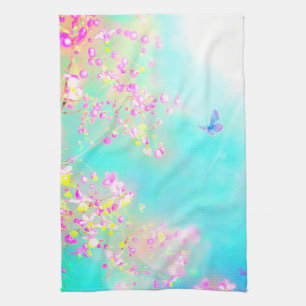 Flower and butterfly floral cute spring blue pink tea towel