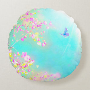 Flower and butterfly spring blue pink cute round cushion