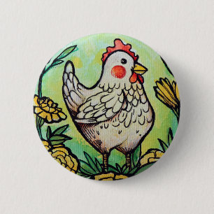 Flower and Chicken Illustration Chickens 6 Cm Round Badge