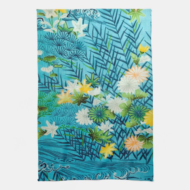 Flower and Leaf, Japanese Design Tea Towel (Vertical)