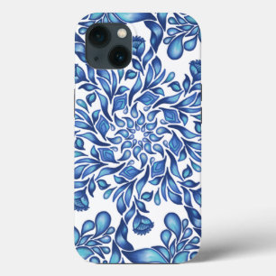 Flower and leaf mandala in blues iPhone 13 case