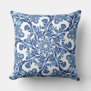 Flower and leaf mandala in blues cushion