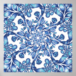 Flower and leaf mandala in blues  poster