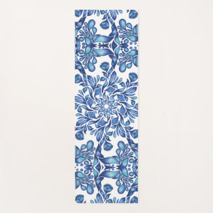 Flower and leaf mandala in blues yoga mat