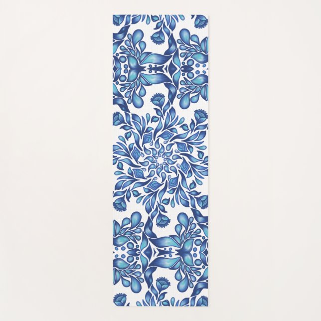 Flower and leaf mandala in blues yoga mat (Front)