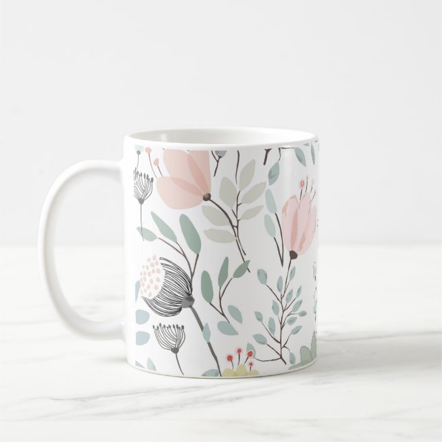 Flower and leaf pattern in tropical green and pink coffee mug (Left)