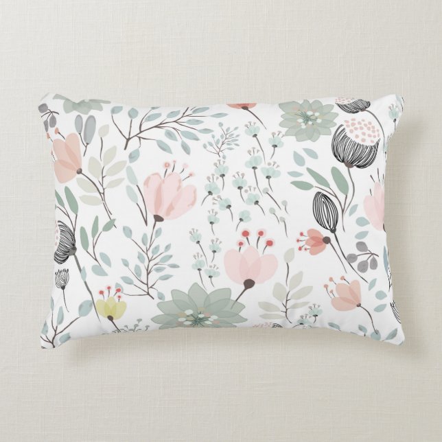Flower and leaf pattern in tropical green and pink decorative cushion (Front)
