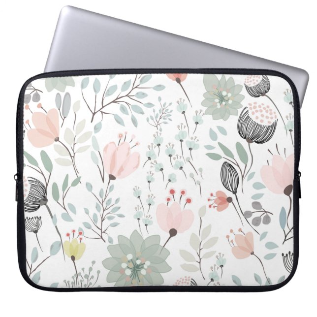 Flower and leaf pattern in tropical green and pink laptop sleeve (Front)