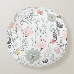 Flower and leaf pattern in tropical green and pink round cushion