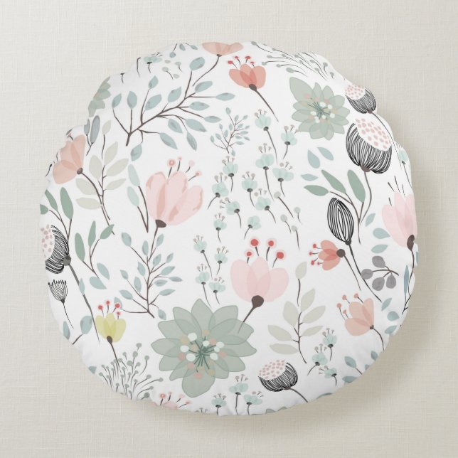 Flower and leaf pattern in tropical green and pink round cushion (Front)