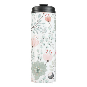 Flower and leaf pattern in tropical green and pink thermal tumbler