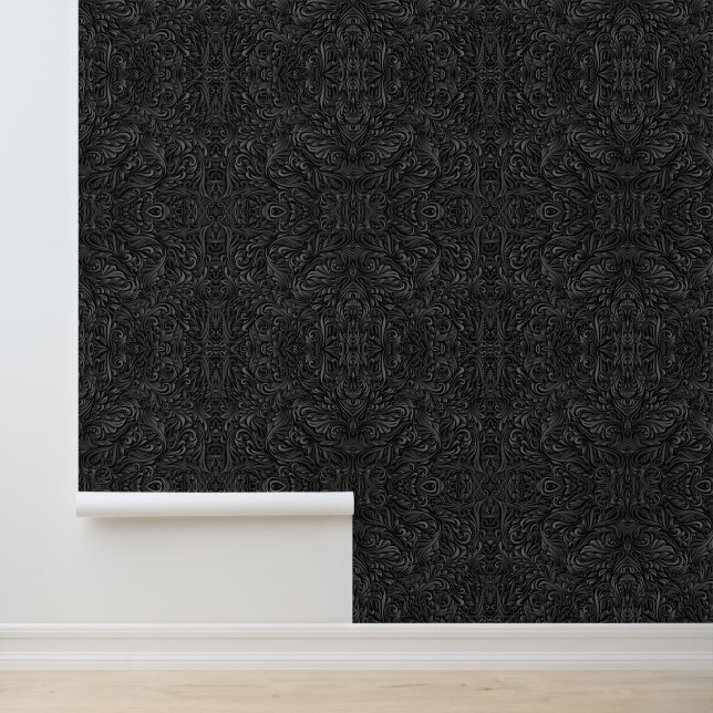Flower and Leaves Art Wood Carving Ornaments Black Wallpaper (Application)