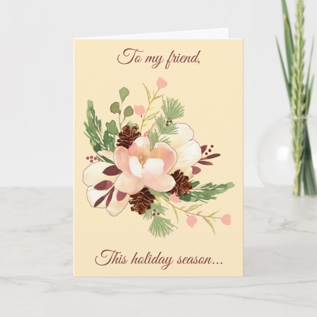 Flower and Pine Cone Holiday Bouquet Greeting Card (Front)