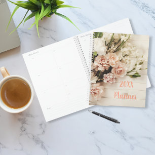 Flower and Rose Bouquet on Rustic Wood Planner