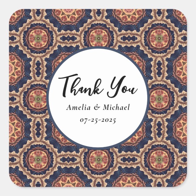 Flower and Star Shapes Pattern - Wedding Square Sticker (Front)