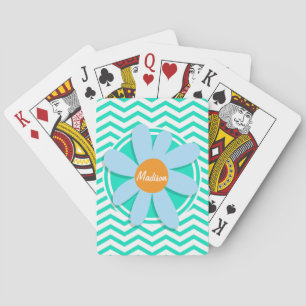 Flower; Aqua Green Chevron Playing Cards