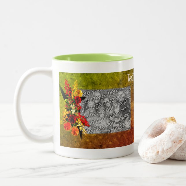 Flower Art Bouquet Frame Personalised Photo   Two-Tone Coffee Mug (With Donut)