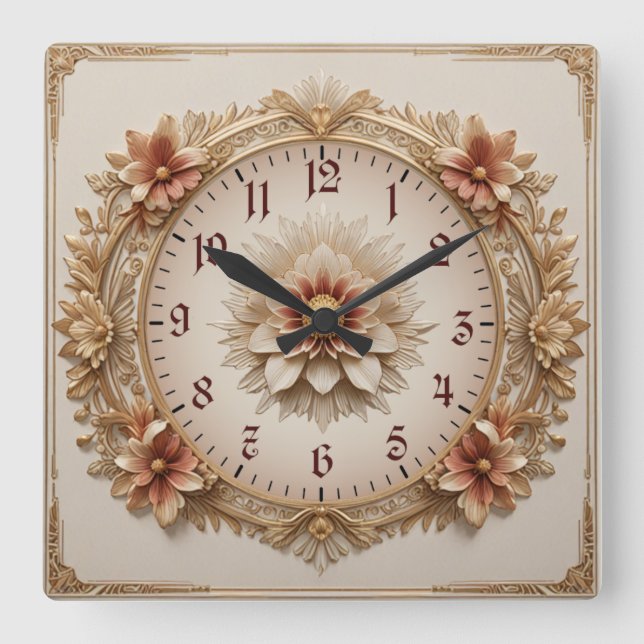 Flower Art Deco Square Wall Clock (Front)