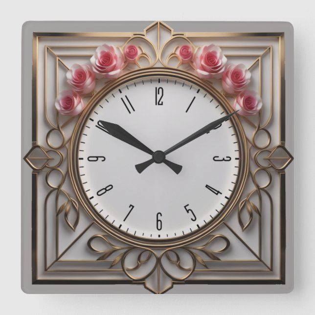 Flower Art Deco Square Wall Clock (Front)