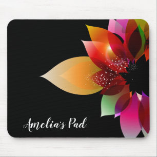 Flower Art On Black Mouse Mat