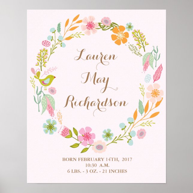 Flower baby birth nursey print for a baby girl (Front)