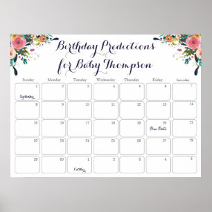 Flower Baby Shower Birthday Prediction Calendar Poster