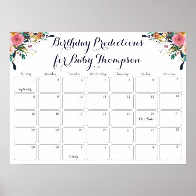 Flower Baby Shower Birthday Prediction Calendar Poster (Front)