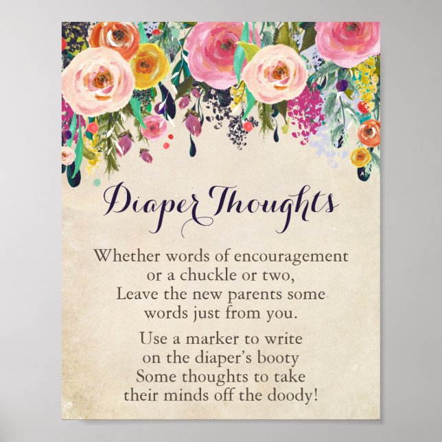 Flower Baby Shower Diaper Thoughts Game Sign (Front)