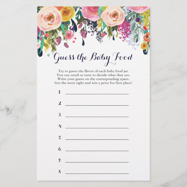 Flower Baby Shower Guess the Baby Food Game (Front)