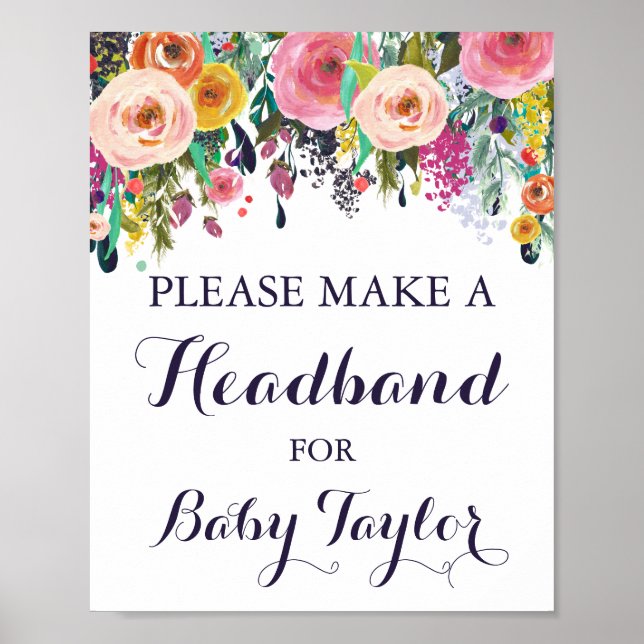 Flower Baby Shower Headband Station Sign Poster (Front)