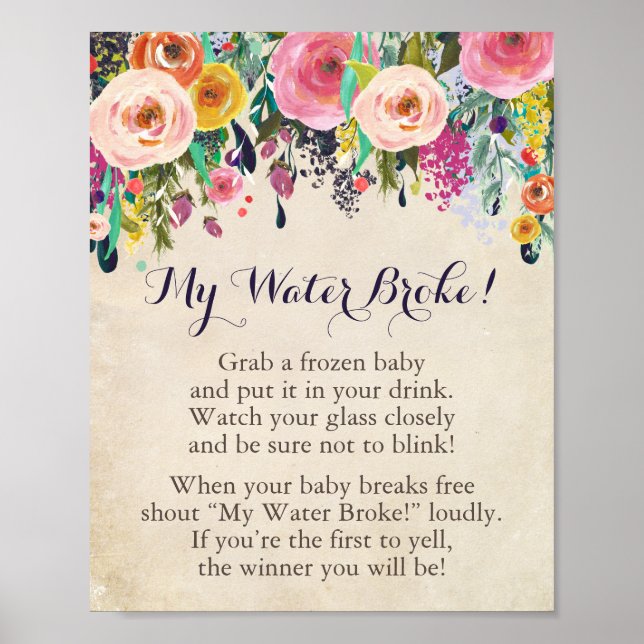 Flower Baby Shower My Water Broke Game Sign (Front)