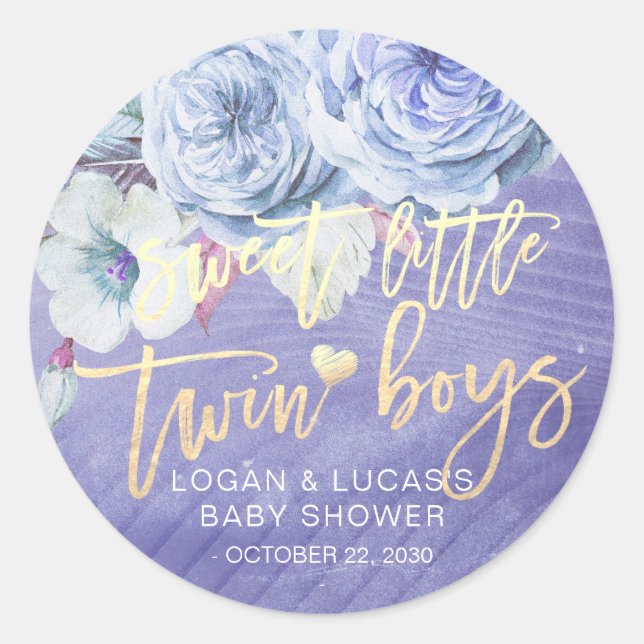 Flower Baby Shower Sweet Little Twin Boy Classic Round Sticker (Front)