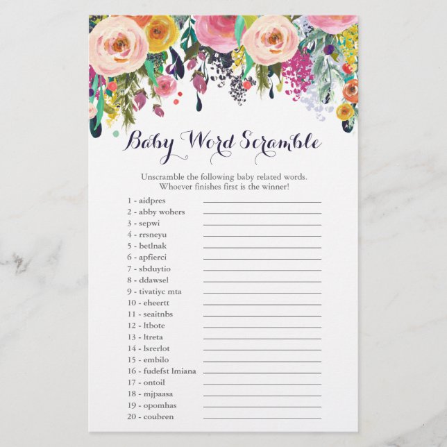 Flower Baby Shower Word Scramble Game Cards (Front)