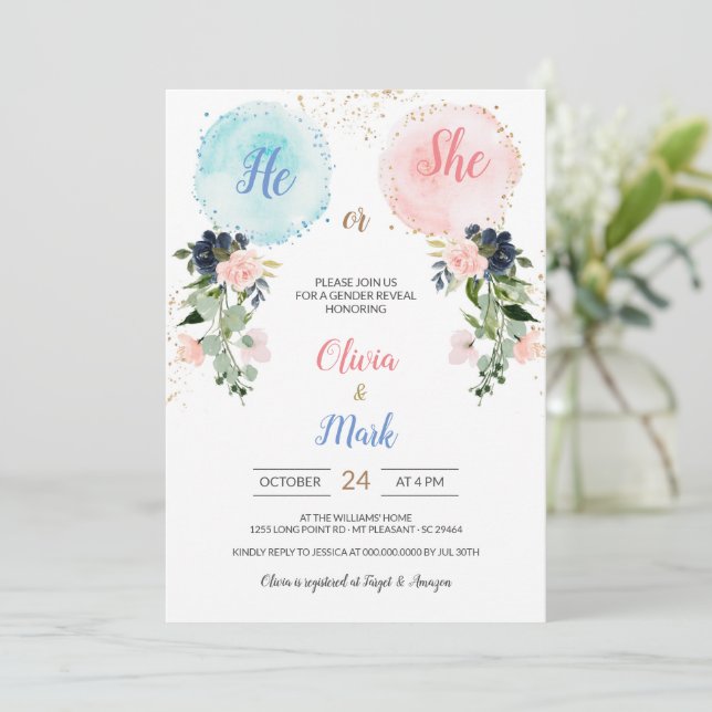 Flower Balloons Gender Reveal Party Invitation (Standing Front)