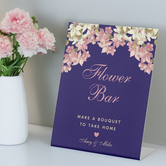 Flower Bar Pink Floral Navy Blue Orchids Script  Pedestal Sign (Creator Uploaded)
