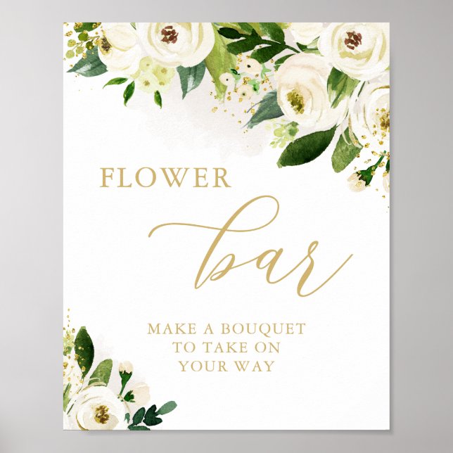 Flower Bar White and Gold Floral Bridal Shower Poster (Front)
