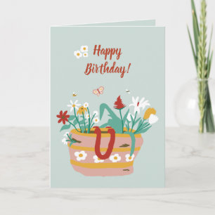 Flower Basket Happy Birthday text - blue green Card