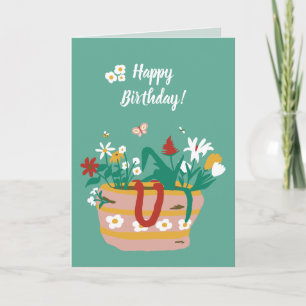 Flower Basket Happy Birthday text - mid green. Card