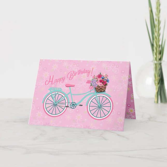 Flower Basket on Bicycle Pretty Pink Birthday Card (Front)
